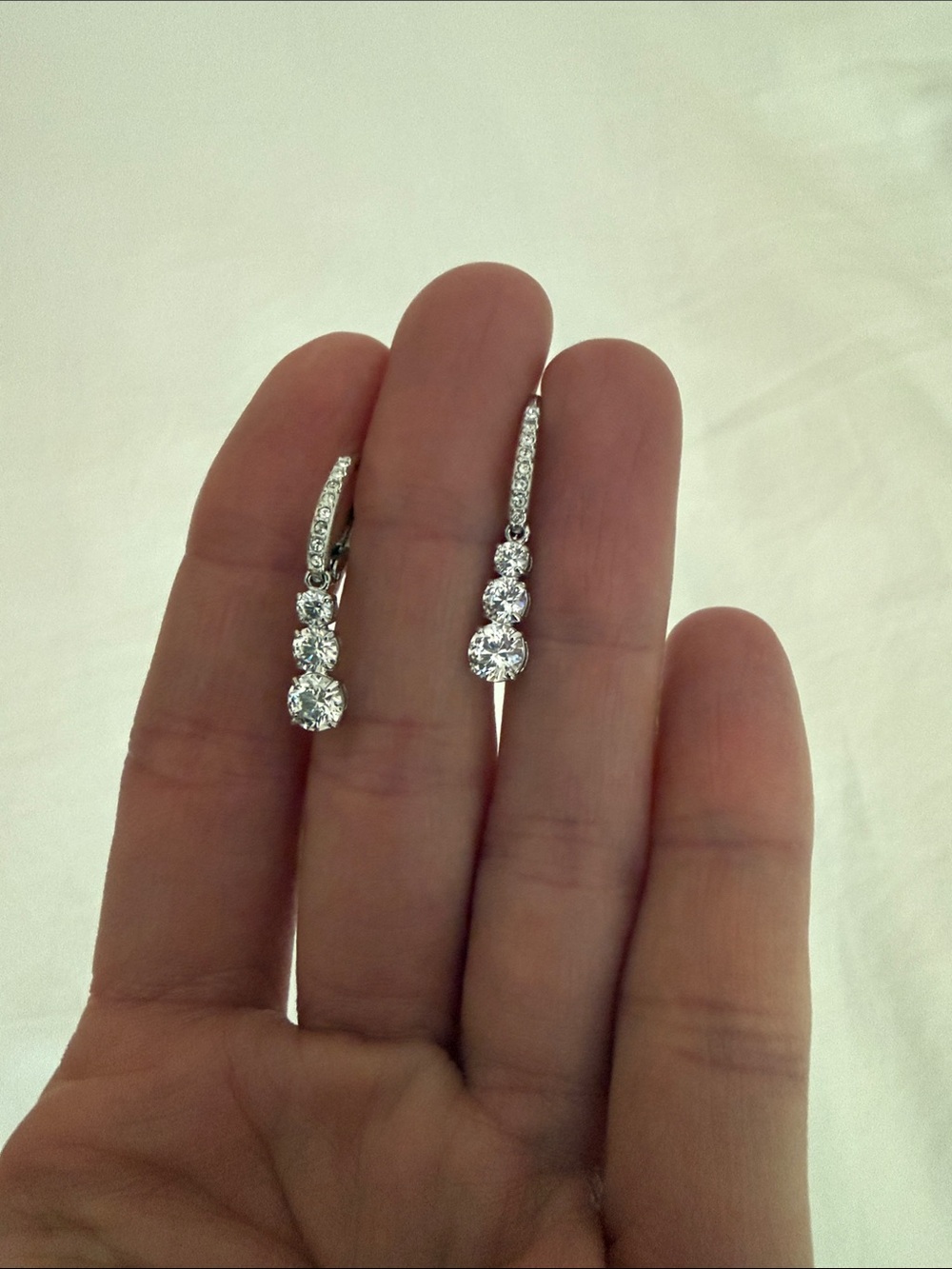 Dainty Silver Drop Earrings with Three Sparkling Stone